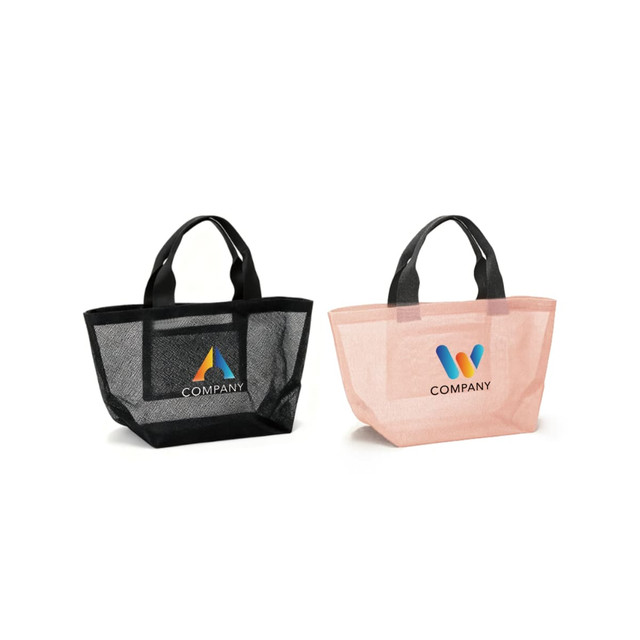 Two premium small mesh beach tote bags in black and pastel pink, each featuring a logo on the front.
