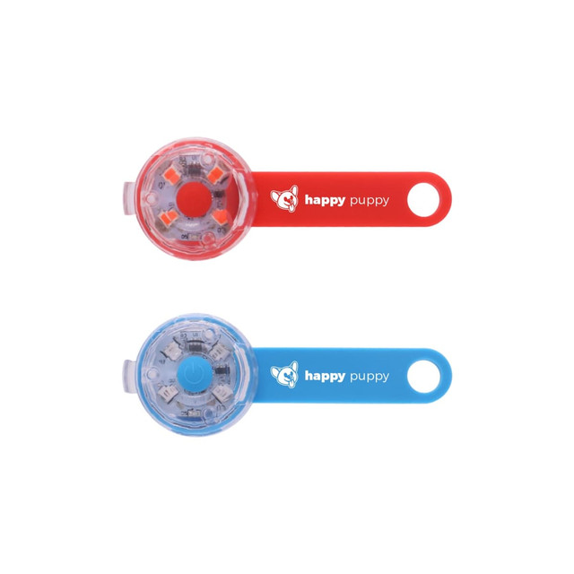 A red and blue LED pet collar light with a circular design and a handle, featuring a logo on the side.