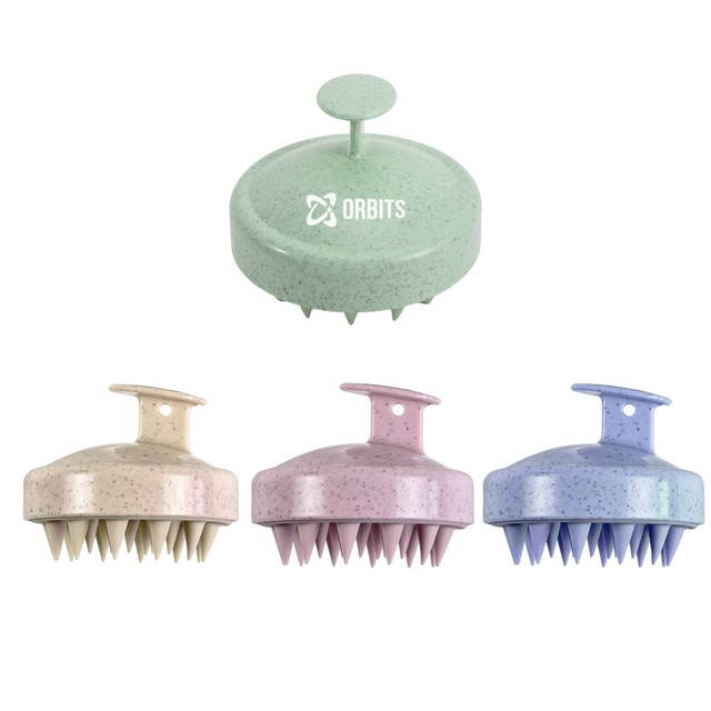 A set of four hair scalp massagers in pastel green, pink, lavender, and blue, each with a handle and pointed bristles.