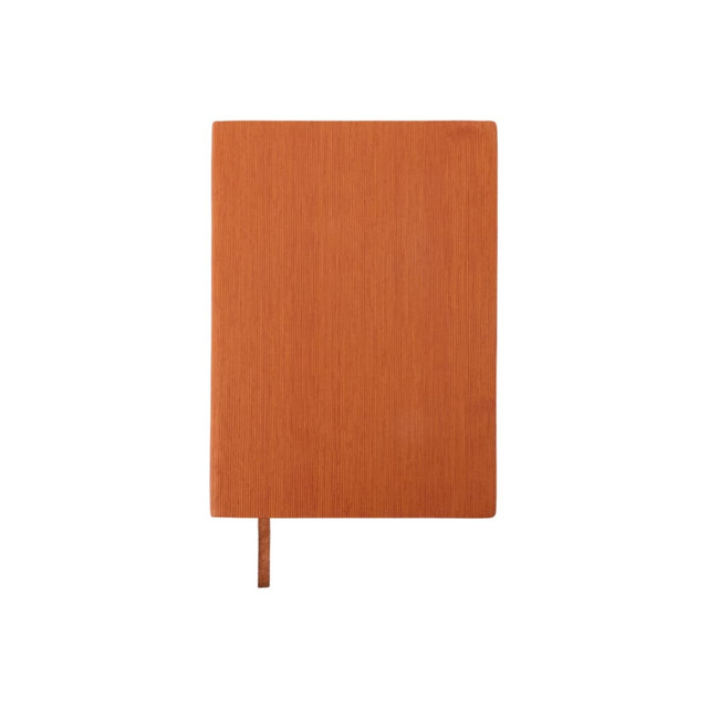 A colour changing PU leather notebook in a warm orange shade with a textured finish and a ribbon bookmark.