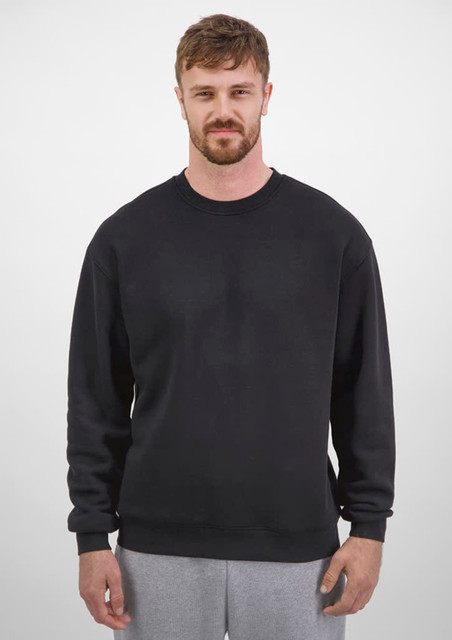 A black men's crew sweatshirt with a classic fit, displayed on a model wearing grey sweatpants.