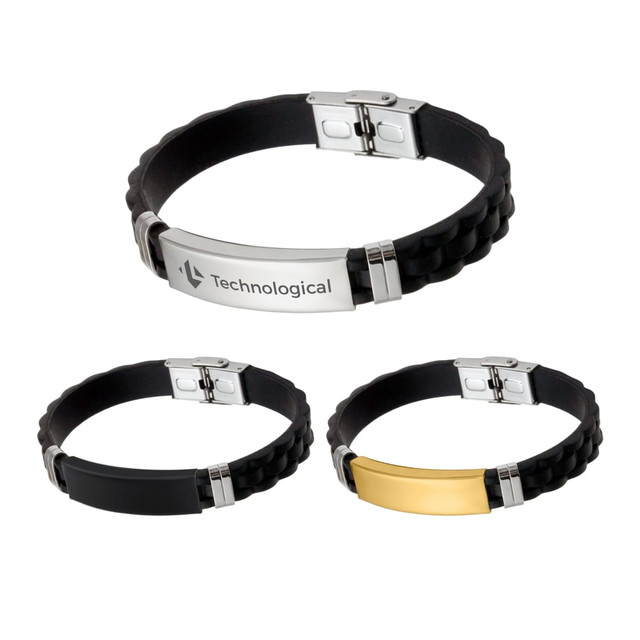 Three stainless steel buckle latch bracelets in black and silver, with varying designs and finishes. One features a logo.