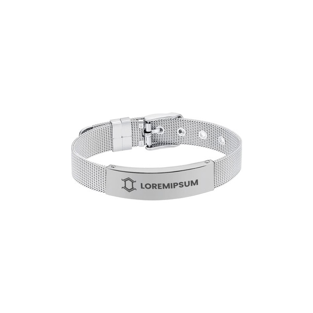 A silver metal bracelet featuring a textured mesh design and a flat engraved plate with branding.