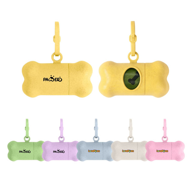 A bone-shaped pet waste bag dispenser available in yellow, pink, blue, and green colours with a clip and logo.