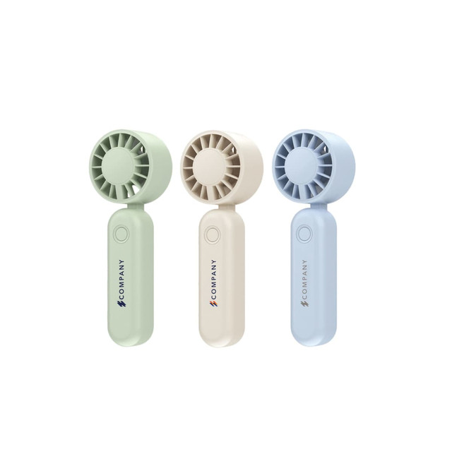 A foldable handheld fan in green, cream, and blue colours, featuring a button and a logo on the handle.