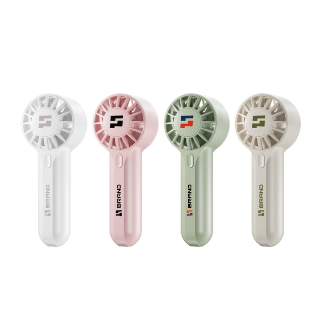 A set of four handheld fans in white, pink, green, and cream, each featuring a logo on the front.