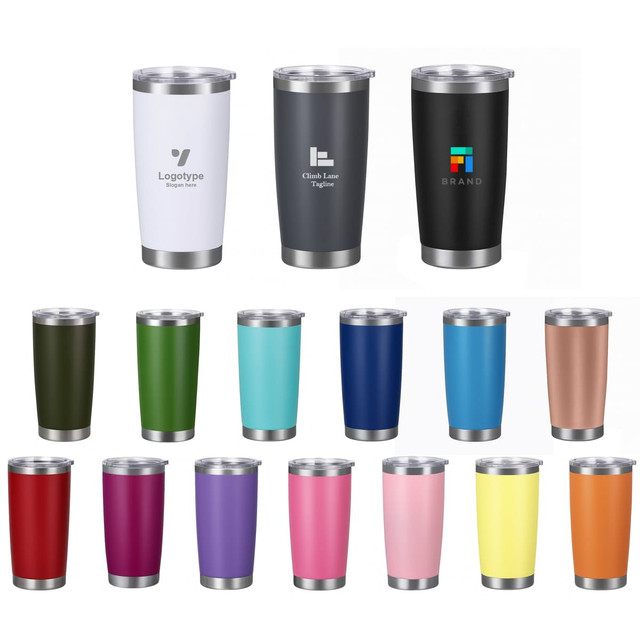 A collection of 600ML stainless steel double wall cups in various colours, featuring distinct logos on some.