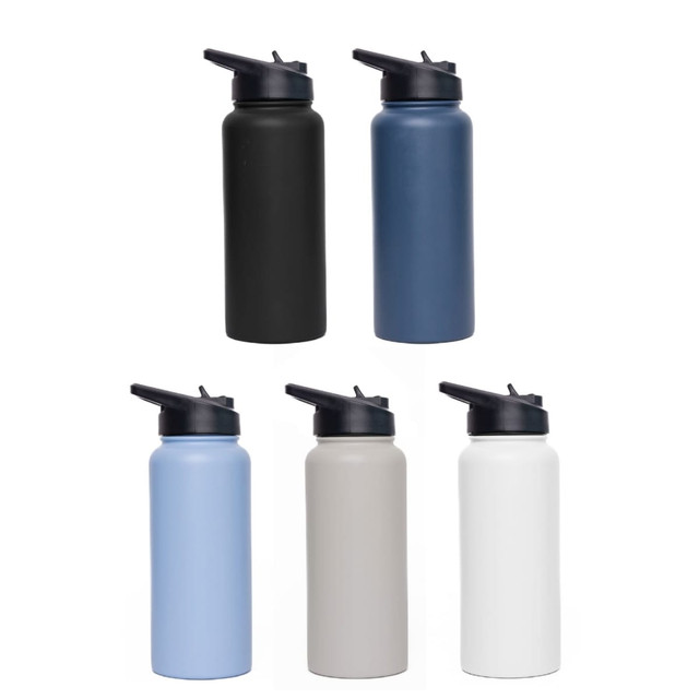 A drink bottle collection featuring five vacuum bottles in black, navy, light blue, grey, and white, with flip top lids.