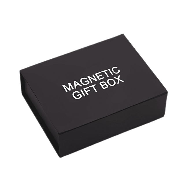 A black magnetic gift box with a simple, elegant design. The box features a logo on its surface.