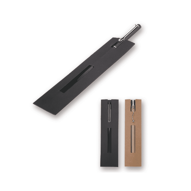 A recycled cardboard pen pouch in black and brown, featuring slots for holding pens, with a logo present.