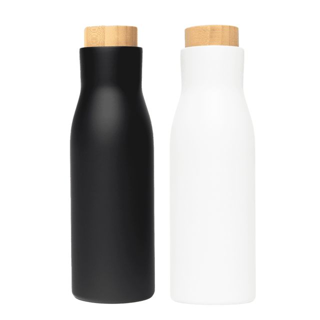 A drink bottle set featuring a black and a white thermos-style vacuum bottle, each with a bamboo lid.