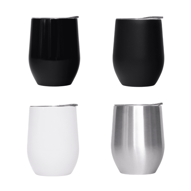 A collection of four travel mugs in black, white, and stainless steel finishes, each with a lid and contoured shape.