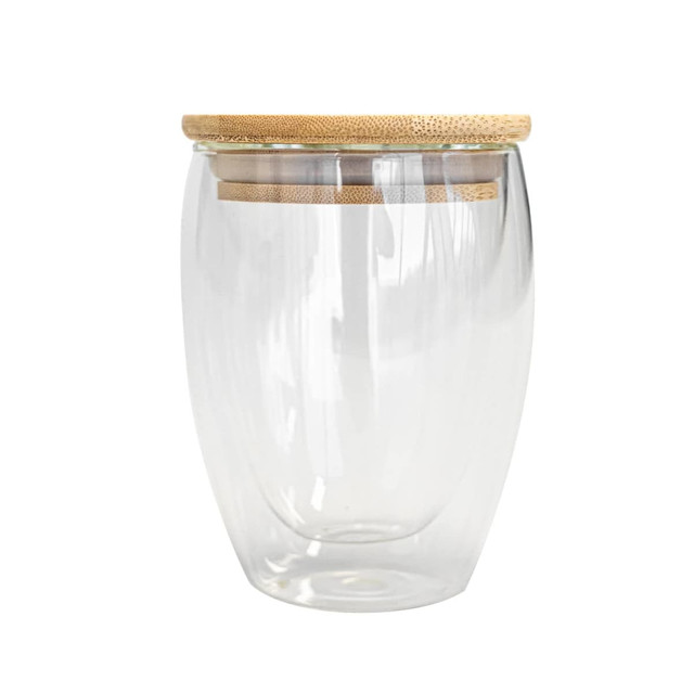 A glass tumbler with a double wall design and a bamboo lid, featuring a transparent finish.