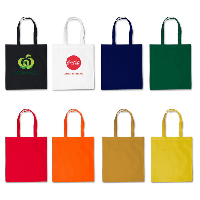 An assortment of tote bags in black, white, blue, green, red, orange, yellow, and brown, featuring various logos.