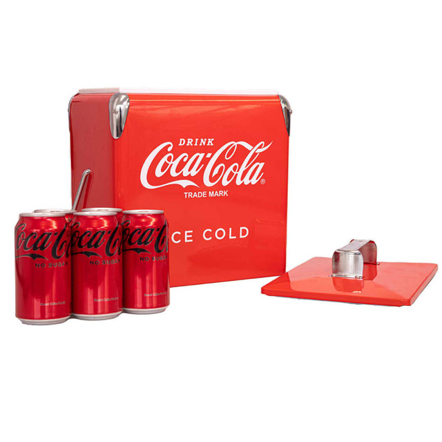 A drink bottle cooler box in red, with three cans of Coca-Cola and a bottle opener beside it. Features branding.