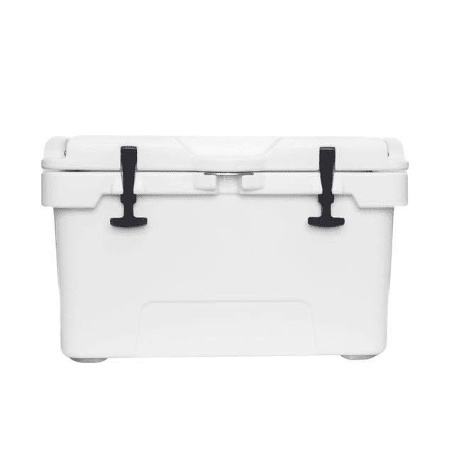 A white cooler box with black latches, featuring a sturdy design and a top lid.