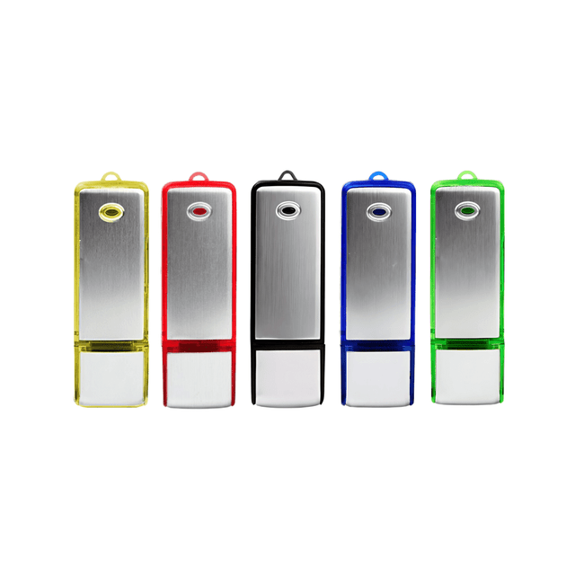 Five USB flash drives in yellow, red, black, blue, and green, featuring a metallic design and a branding logo.