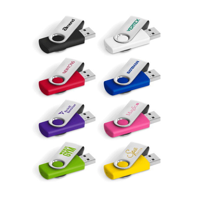 A collection of Tiger USB flash drives in various colours: white, blue, purple, pink, and black, featuring logos.