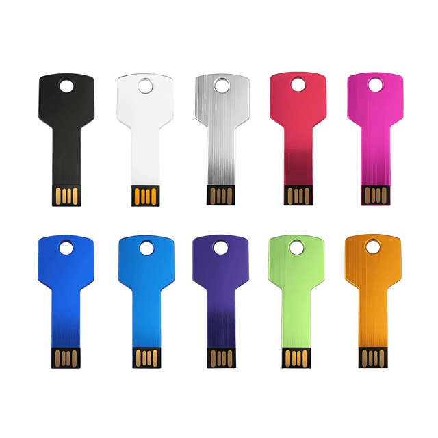 A collection of ten flash drives in various colours including black, white, silver, red, pink, blue, purple, green, and orange. Each drive has a key shape.