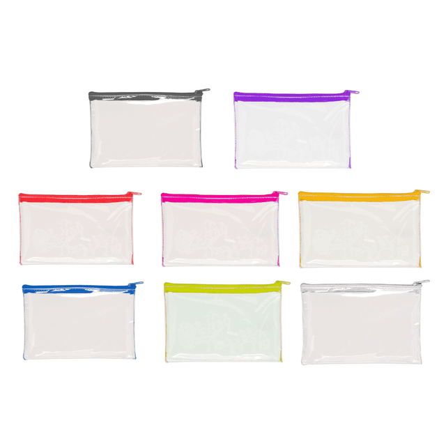 A collection of clear PVC pencil cases in various colours: red, purple, pink, yellow, green, and silver.