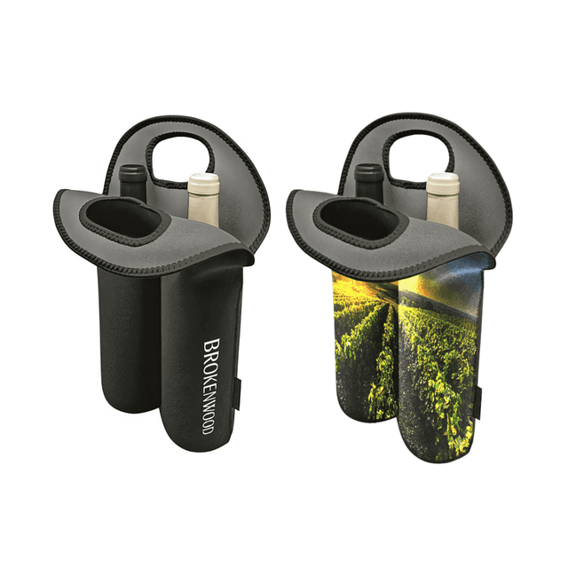 A drink bottle holder in black neoprene, designed for two wine bottles, with a scenic wine vineyard print on one side.
