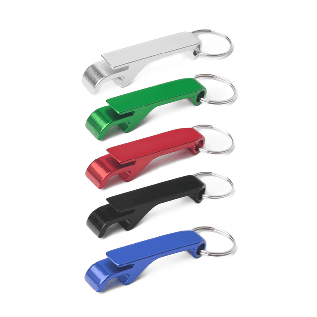 A drink bottle opener keyring in silver, green, red, black, and blue, featuring a logo on each piece.
