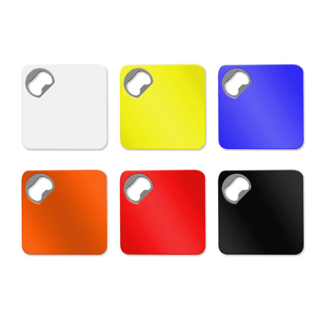 Square coasters in white, yellow, blue, orange, red, and black, each featuring a bottle opener in one corner.