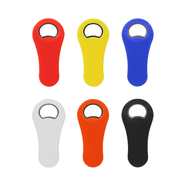 A drink bottle opener in paddle shape, available in red, yellow, blue, white, orange, and black, with a logo.