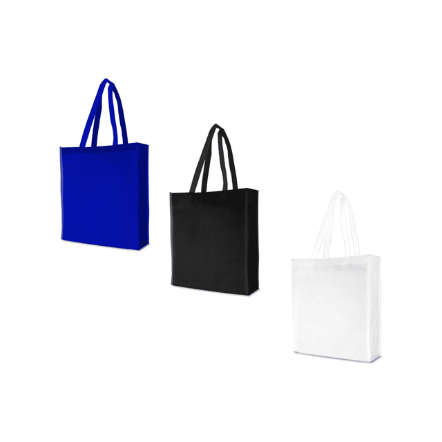 Three tote bags in blue, black, and white, each with two handles and a basic design. One bag features a logo.