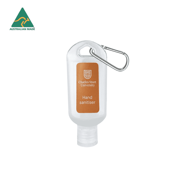 A clear hand sanitiser in a 30ml bottle with a carabiner, featuring a logo and a beige label.