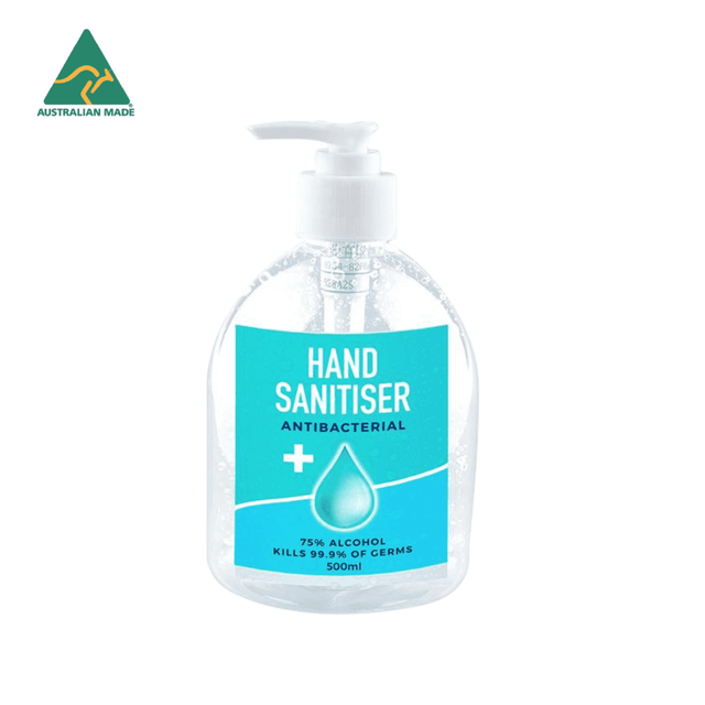 A hand sanitiser bottle with a clear liquid and a pump dispenser, featuring a light blue label. Australian made.