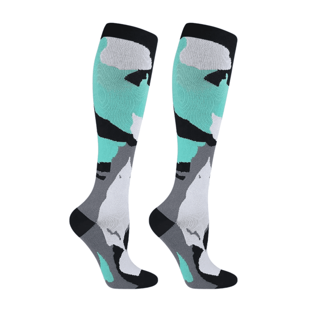 Knee high sublimated socks featuring a design in teal, grey, and black with a logo.