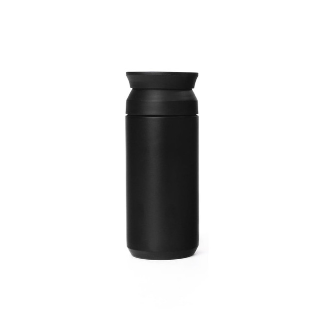 A drink bottle in matte black finish featuring a sleek, cylindrical design and a lid with a logo.