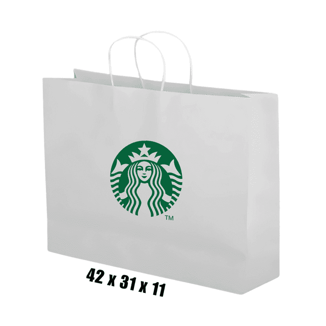 A white paper bag featuring twisted paper handles and a logo. Dimensions are 42 x 31 x 11 centimetres.