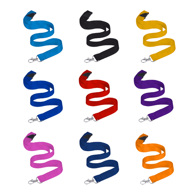 A set of nylon lanyards in various colours, including black, blue, red, yellow, purple, and pink, featuring swivel clips.