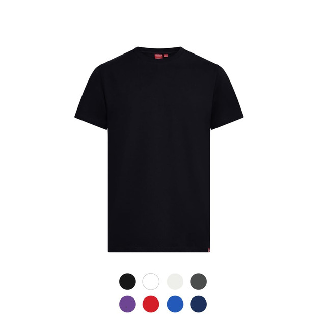 A black Redland Cotton Tee displayed with a variety of colour options below, including white, grey, red, purple, and blue.