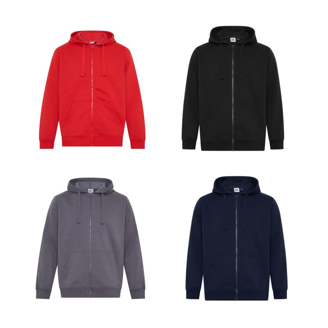 A set of four Celtic Full-Zip Hoodies in red, black, grey, and navy, each featuring a hood and front pockets.