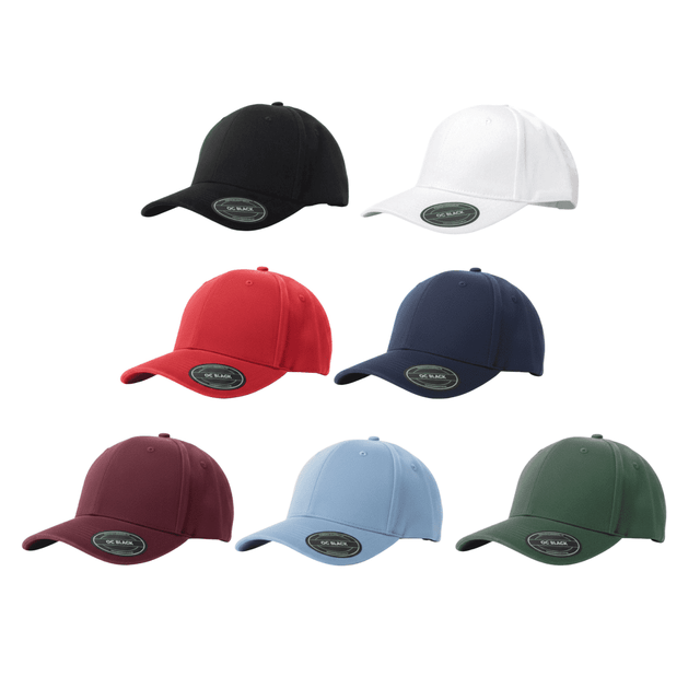 A variety of baseball caps in black, white, red, navy, maroon, light blue, and green, featuring a logo on the front.