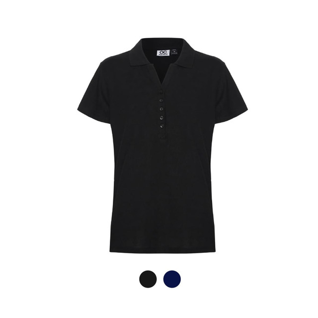 A women's polo shirt in black, featuring a button-up front and a branded label. Available in additional colours.