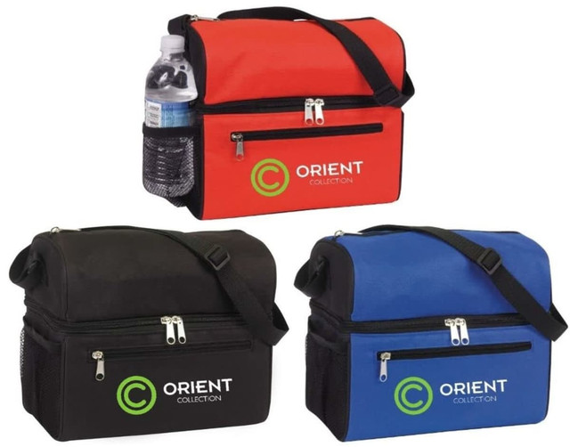 Cooler bags in red, black, and blue with a side mesh pocket for a drink bottle and featuring a logo.