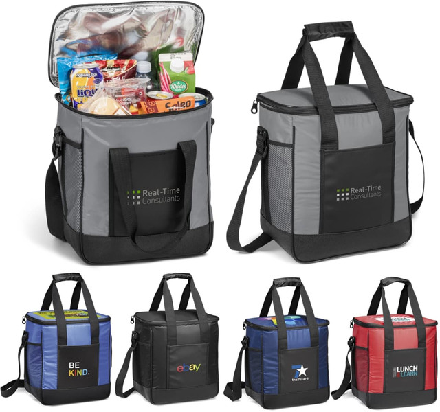 A grey jumbo cooler bag with a zippered opening, filled with snacks and drinks, featuring a logo. Additional smaller bags in various colours below.