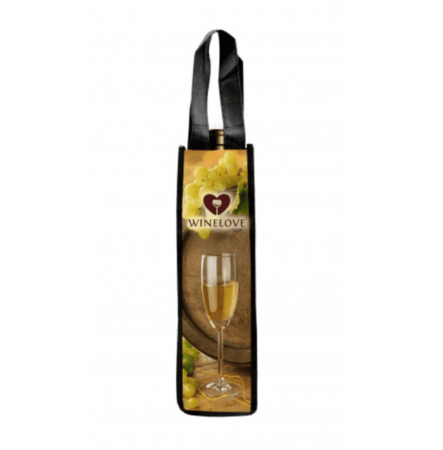 A drink bottle bag in black and yellow, featuring a design with a wine glass and grapes. Includes a logo.