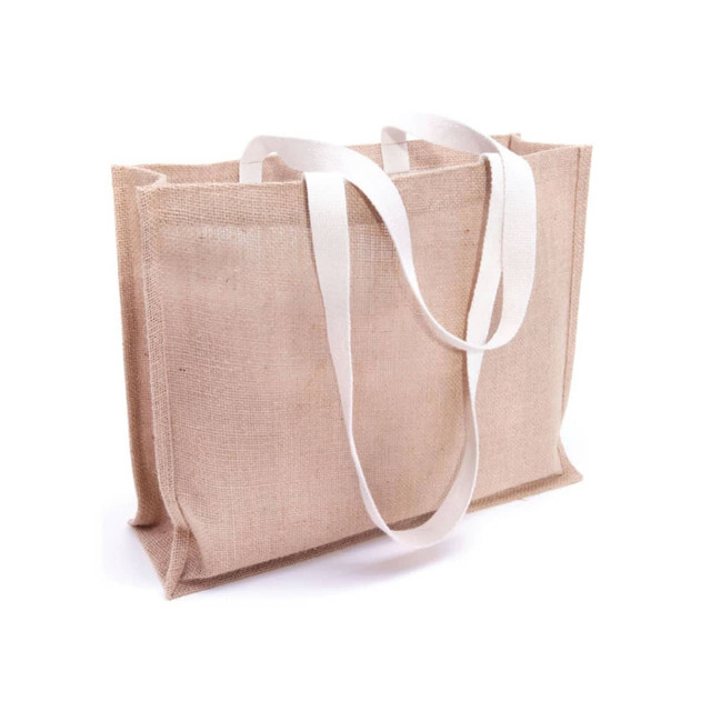 A jute tote bag in natural brown with white straps, featuring a gusset for extra space and a logo.