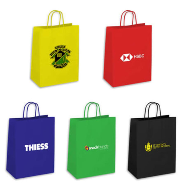 Large coloured kraft paper bags in yellow, red, blue, green, and black, featuring various logos.