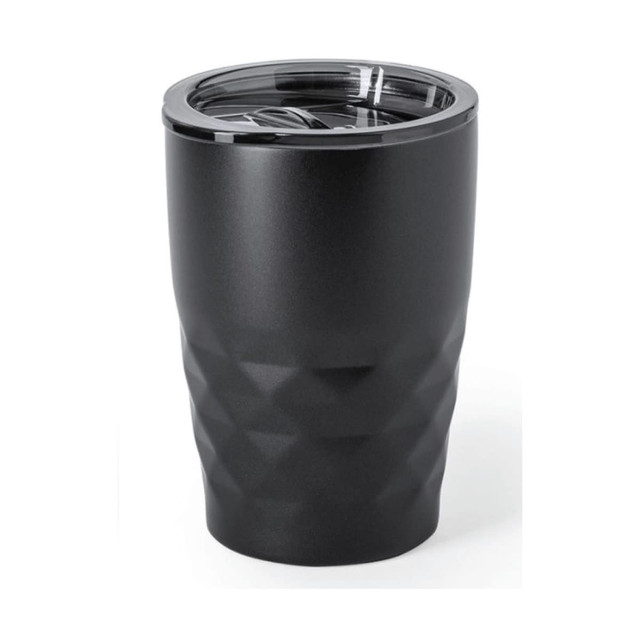A drink bottle featuring a diamond cut design in matte black, with a clear, removable lid.
