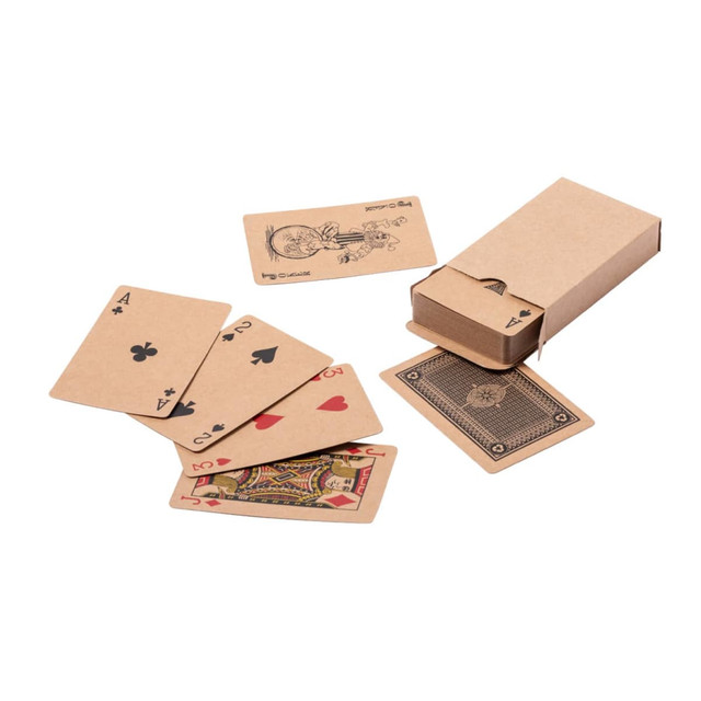 Recycled paper playing cards in a kraft cardboard box, featuring various designs including aces and playing figures.