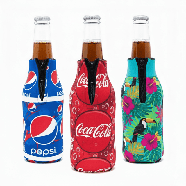 A drink bottle cooler set featuring vibrant designs in blue, red, and tropical patterns, each with a zip.