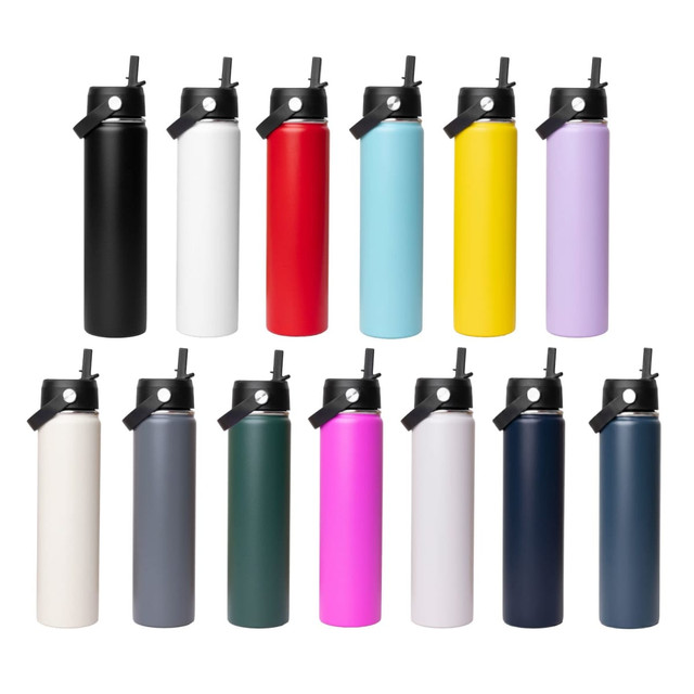 A drink bottle display featuring various colours, including black, white, red, yellow, and blue, with a rotating carry handle lid.