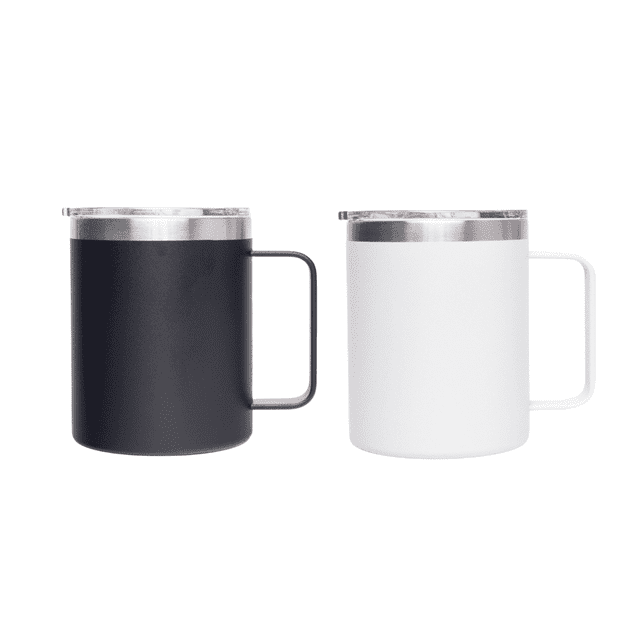 A drinkware set featuring two 350ml coffee mugs, one black and one white, each with a stainless steel lid and handle.