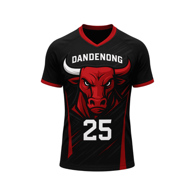 A black rugby jersey featuring a red bull graphic and the number 25, with red accents and a logo.